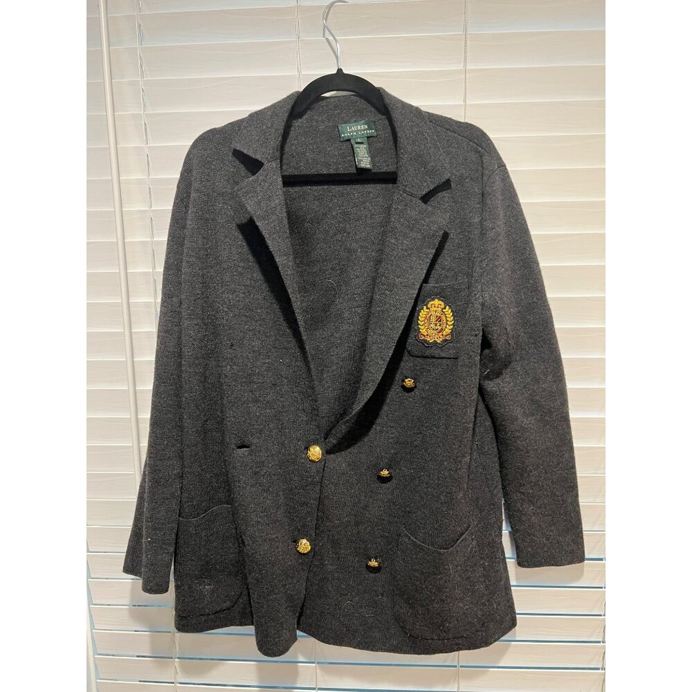 Ralph Lauren Black Merino Wool Double Breasted Crest Crown Logo Button Blazer -